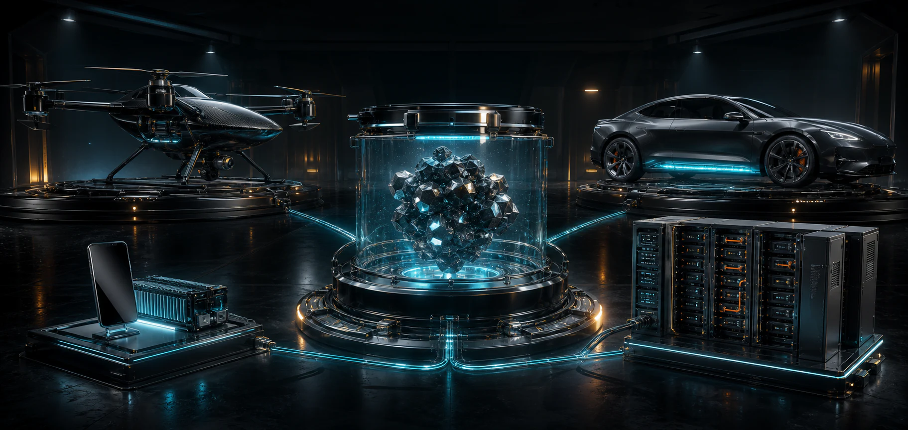 A cinematic applications ecosystem with a silicon carbon material reactor connected to a detailed electric UAV, electric vehicle, electronics battery system, and industrial grid storage installation.