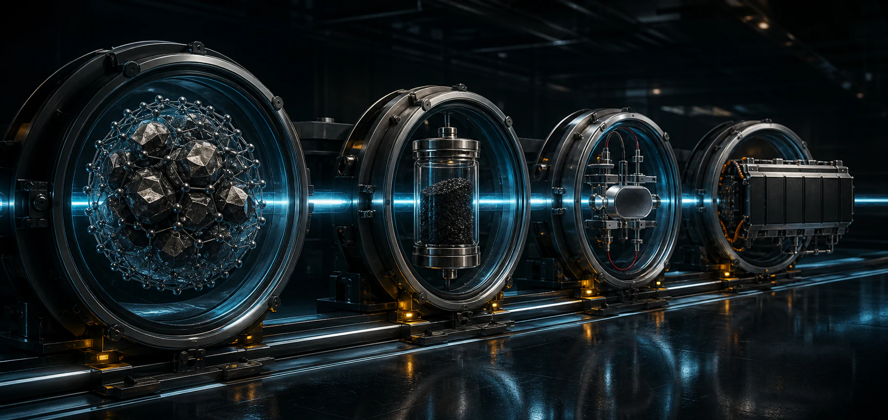 A cinematic engineering qualification line carrying silicon carbon material through four gates: repeatable material, requested sample, funded electrochemical evaluation, and joint battery development.